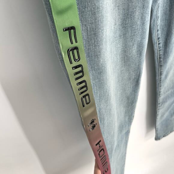Homme + Femme NEW Tesla Skinny Blue Jeans Sz 38 Green Pink Gradient Logo Ribbon - Picture 3 of 8